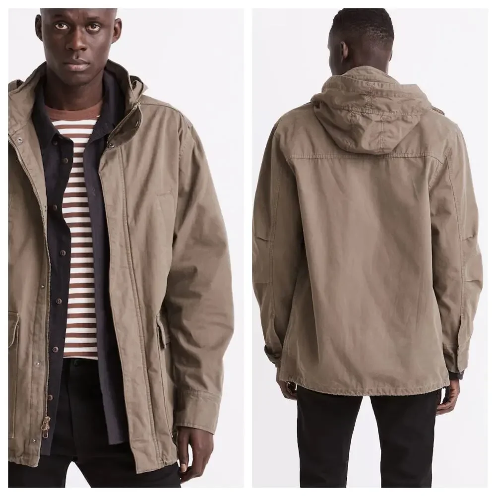 Madewell Men's Field Jacket Small Cargo Green Packable Hood Pockets 100% Cotton